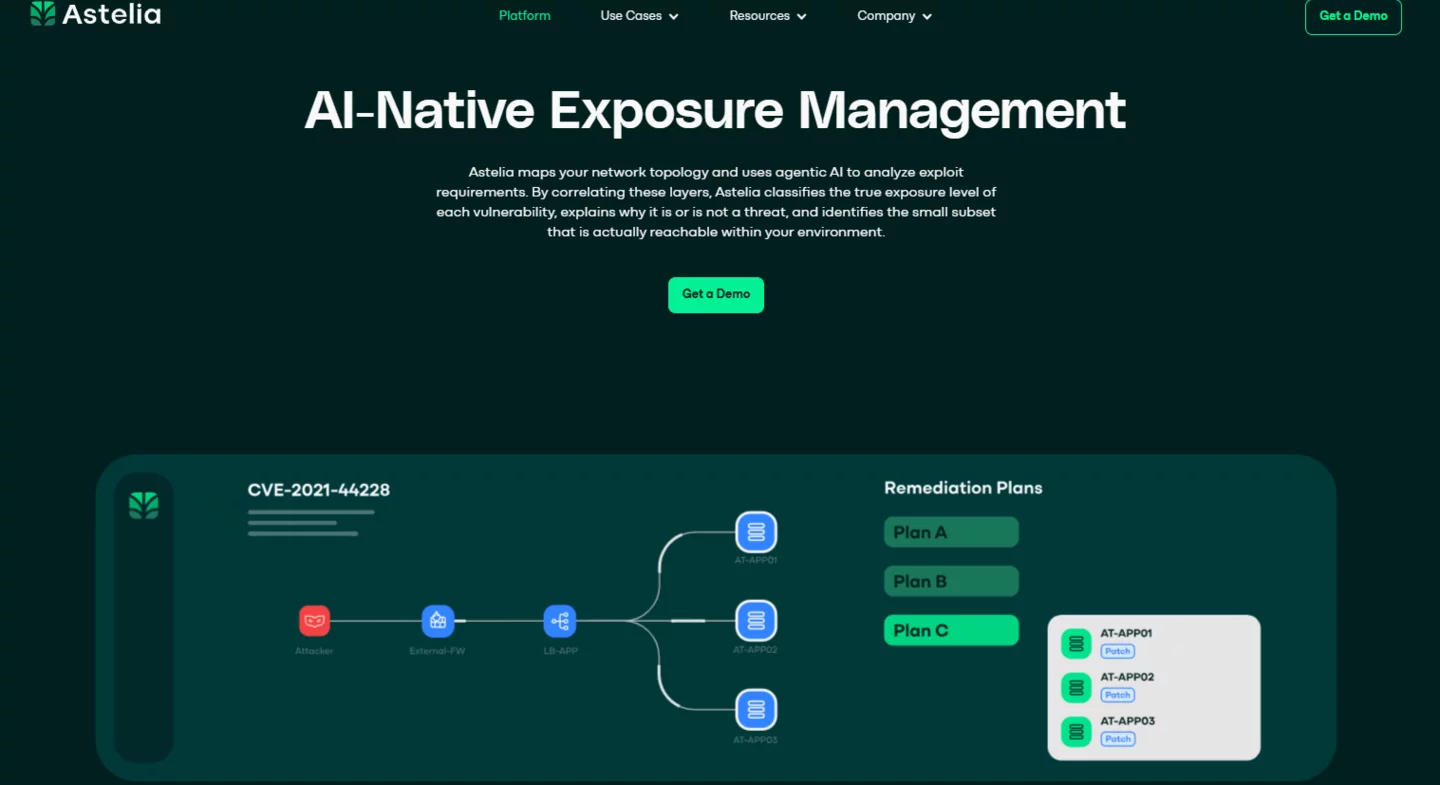 Astelia AI-native exposure management platform mapping network topology and CVE remediation plans for AI agents