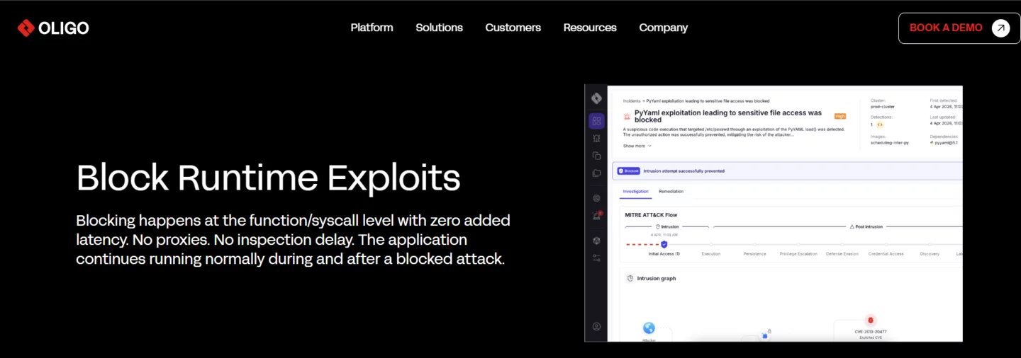 Oligo blocking runtime exploits at the syscall level, preventing PyYAML exploitation via MITRE ATT&CK intrusion flow