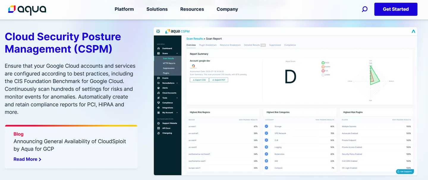 Aqua Security CSPM scan report as a CADR tool showing cloud risk scoring and compliance breakdown