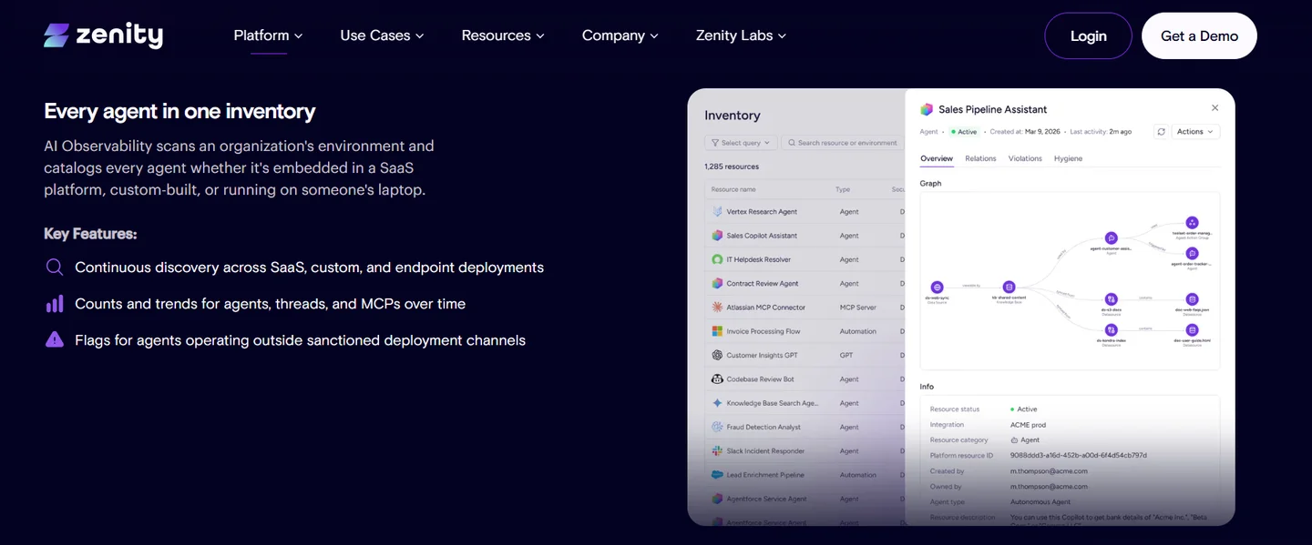 Zenity AI Observability inventory of 1,285 resources with a Sales Pipeline Assistant agent graph showing datasource relations