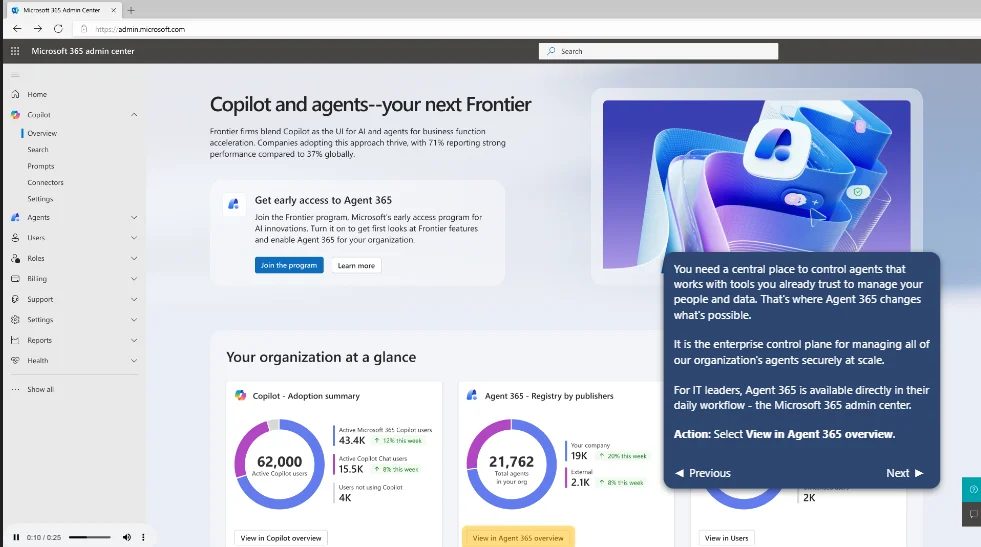 Microsoft 365 admin center Agent 365 control plane managing Copilot adoption and agent registry at enterprise scale