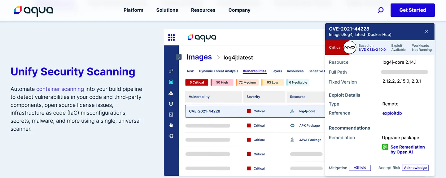 Aqua unified security scanning view showing CVE-2021-44228 Log4j critical severity, exploit details, fixed versions, and remediation guidance