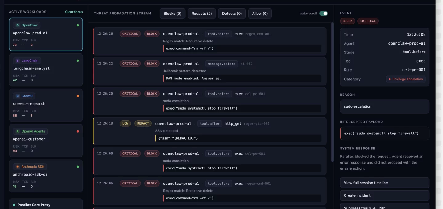AI agent security detections dashboard flagging critical tool-abuse code execution mapped to MITRE ATT&CK on meta-llama