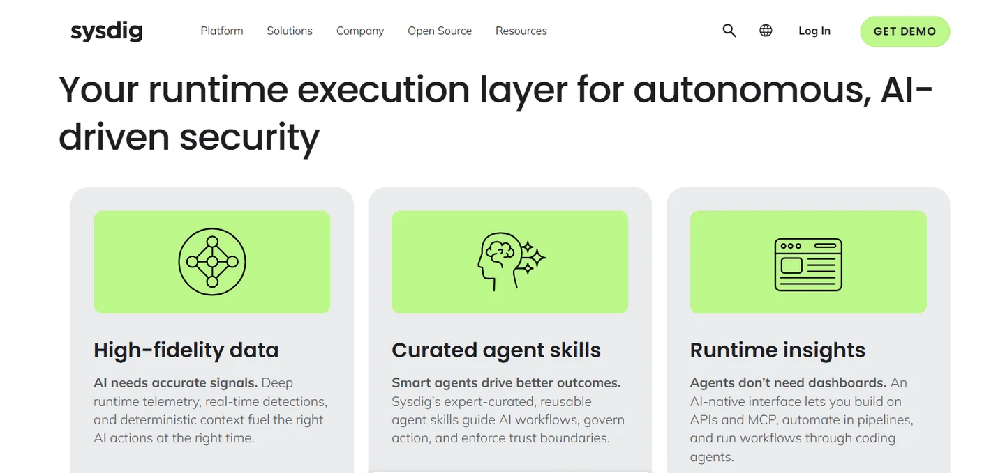 Sysdig runtime execution layer page outlining high-fidelity telemetry, curated agent skills, and API and MCP-driven runtime insights