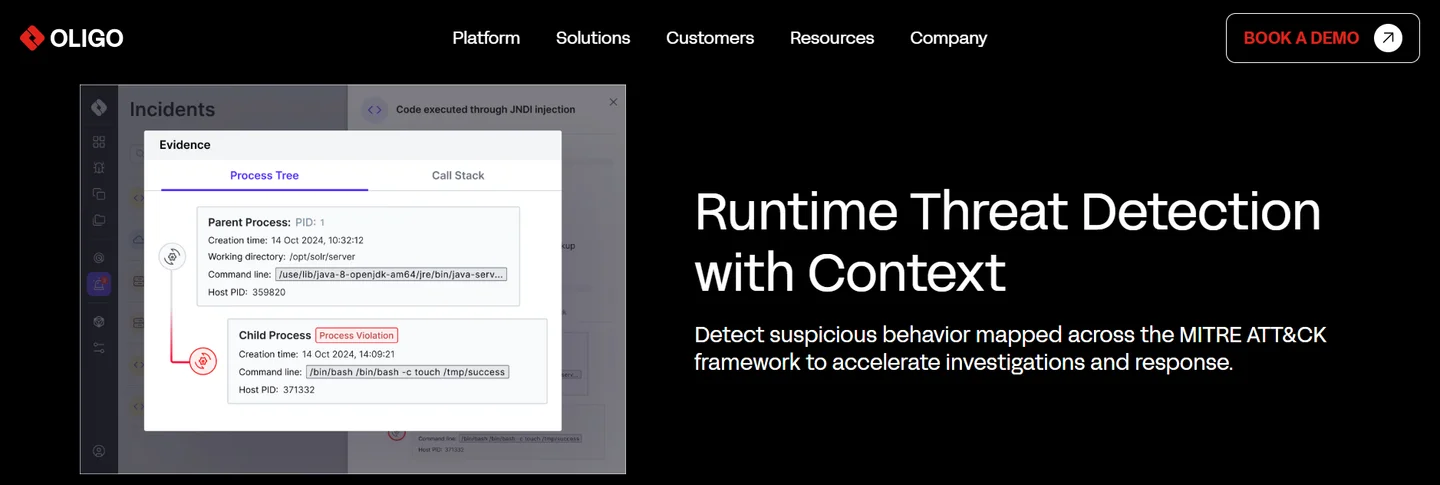  Oligo Runtime Threat Detection with Context showing JNDI injection incident evidence, process tree, and MITRE ATT&CK mapping