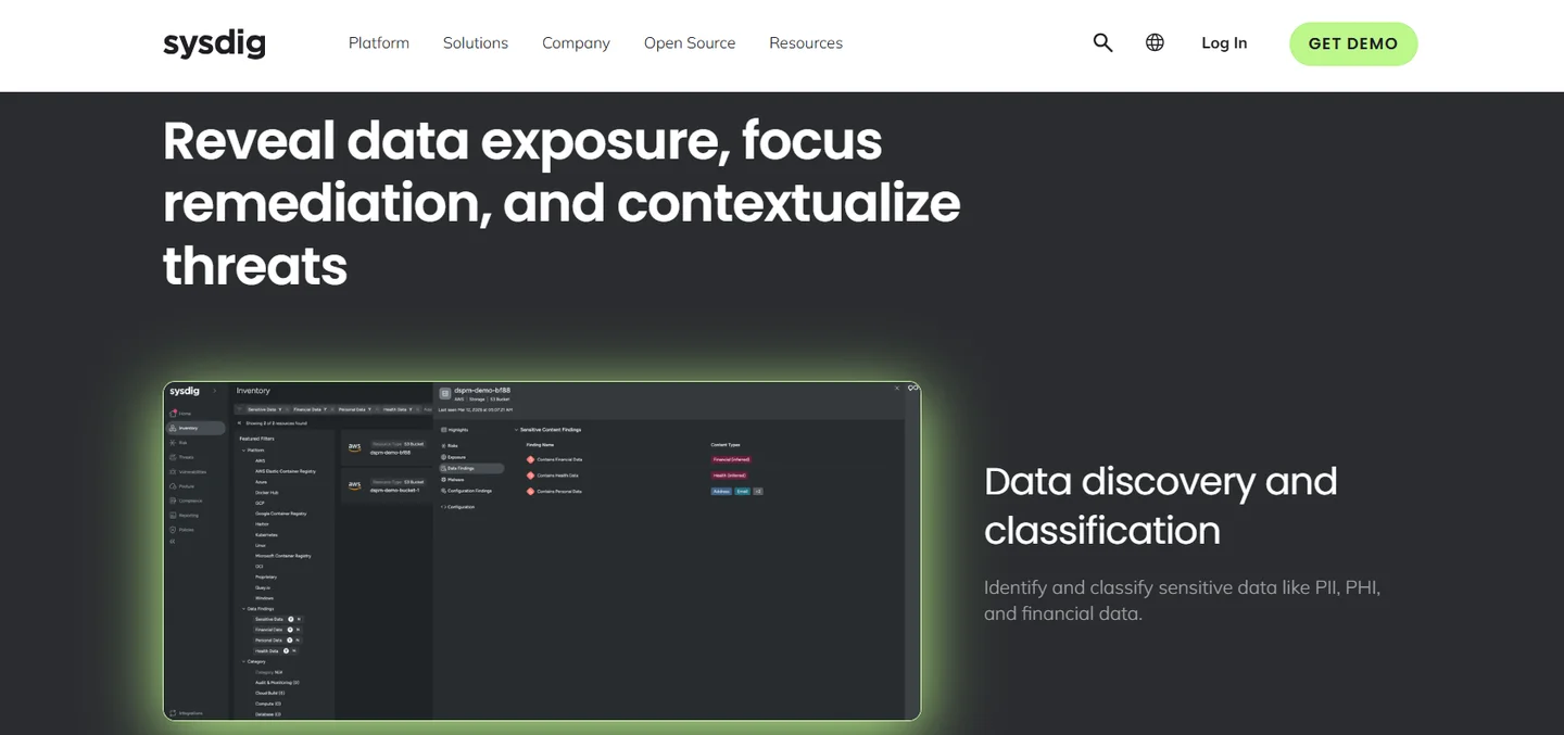 Sysdig data discovery and classification inventory revealing financial, health, and personal data findings inside S3 buckets
