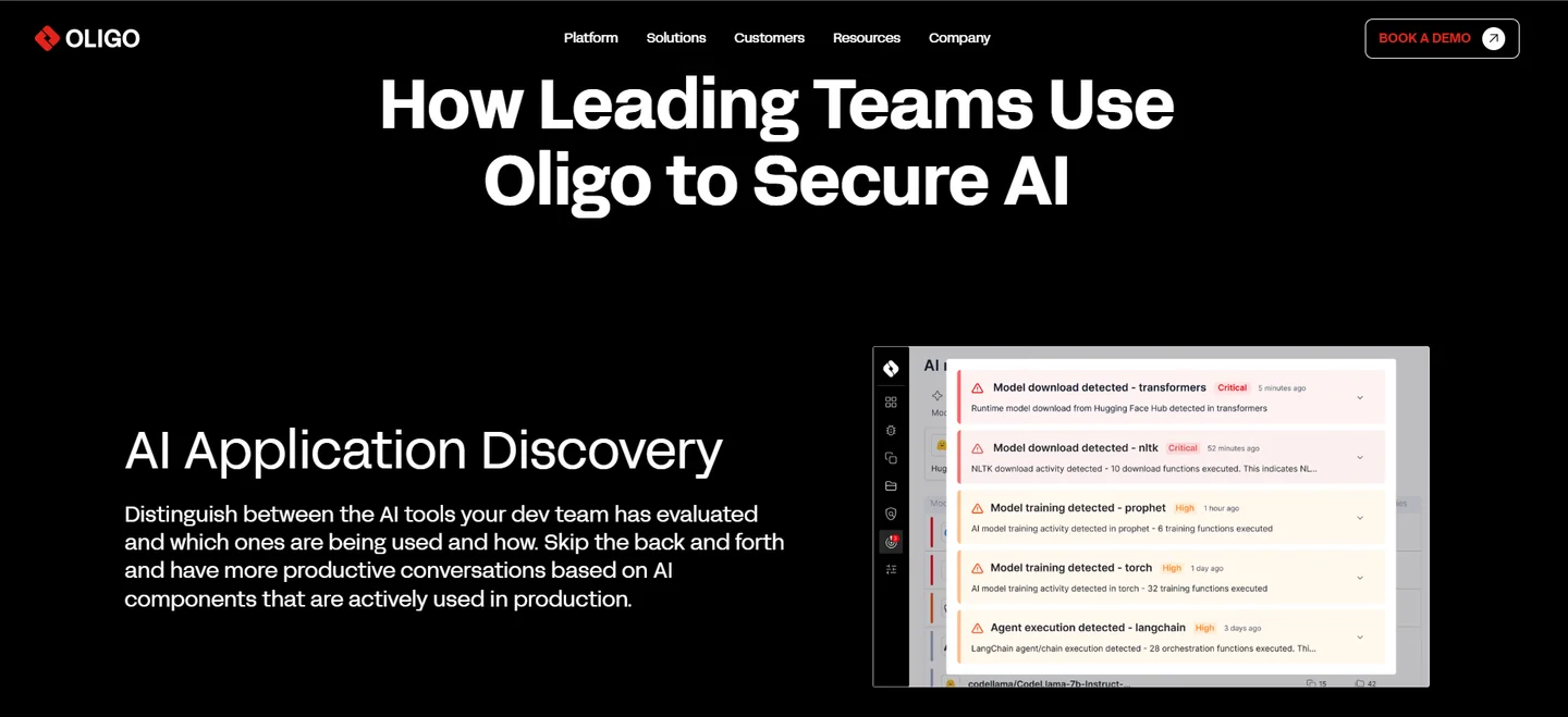 Oligo AI application discovery page showing runtime detections for model downloads, training and LangChain agent execution