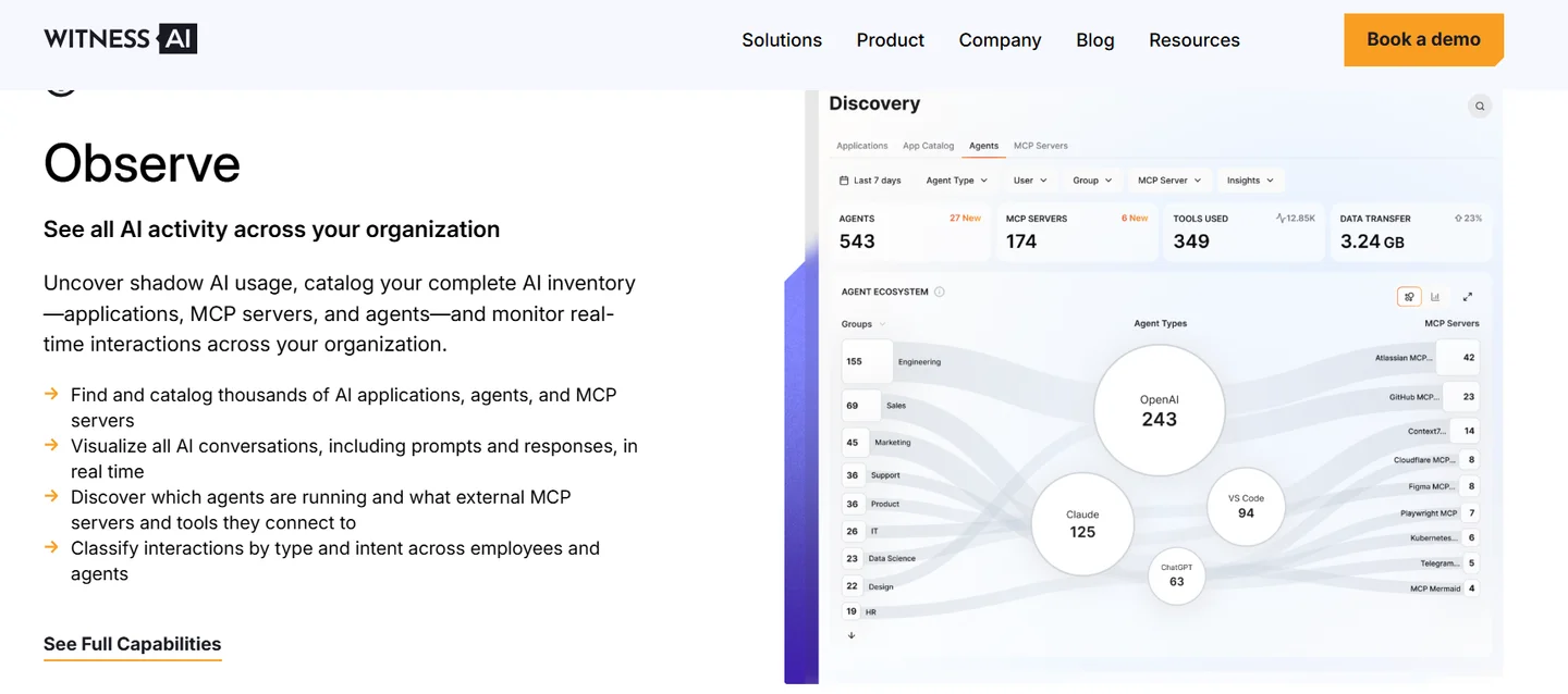 WitnessAI Observe discovery view cataloging 543 agents, 174 MCP servers, 349 tools, and 3.24 GB data transfer