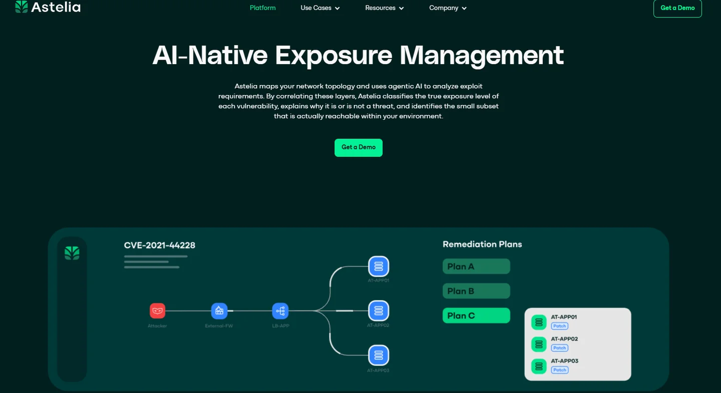 Astelia AI-native exposure management platform mapping network topology and CVE remediation plans for AI agents