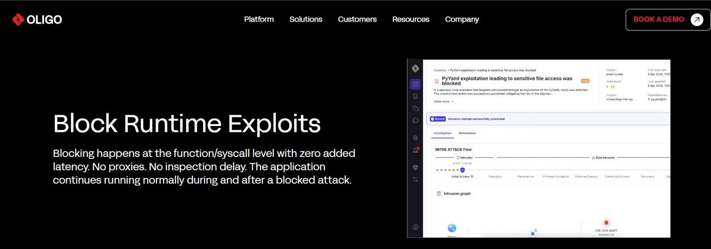 Oligo blocking runtime exploits at the syscall level, preventing PyYAML exploitation via MITRE ATT&CK intrusion flow
