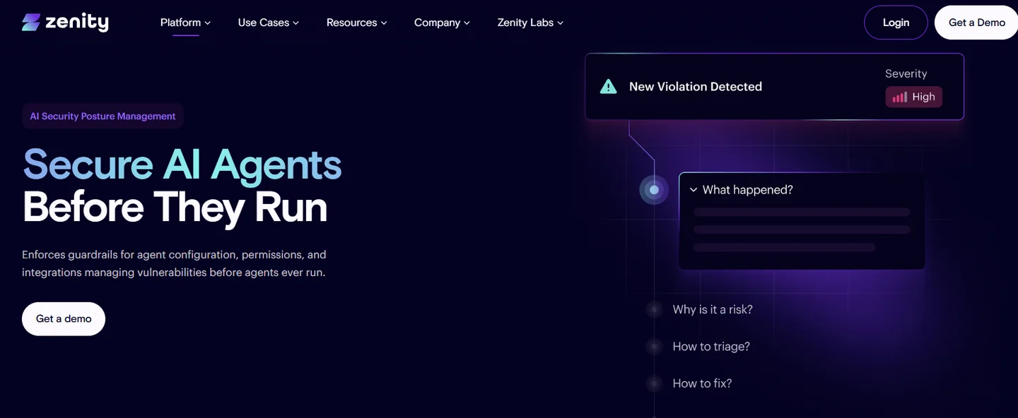  Zenity AI security posture management page securing AI agents before they run with guardrails and violation triage