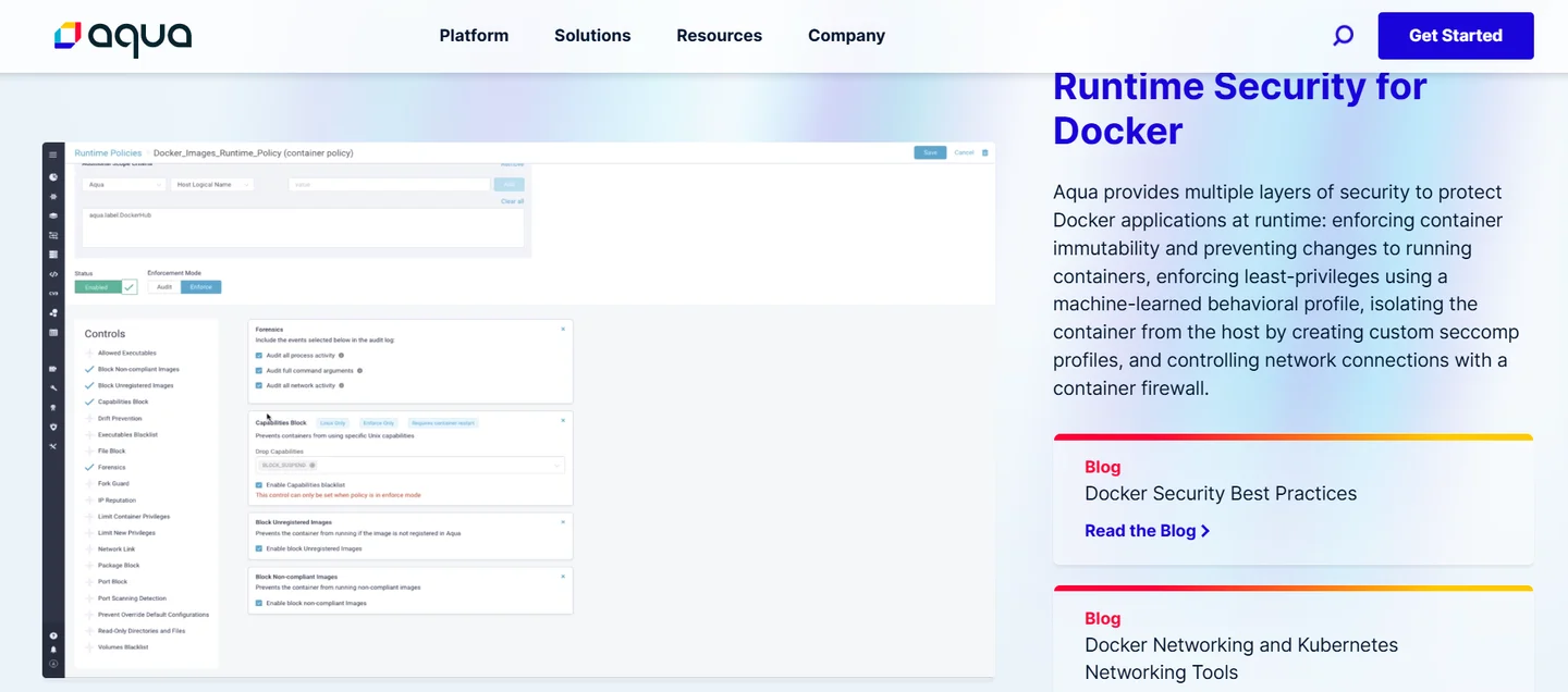 Aqua Docker runtime policy in enforce mode with drift prevention, capabilities block, forensics, and non-compliant image controls
